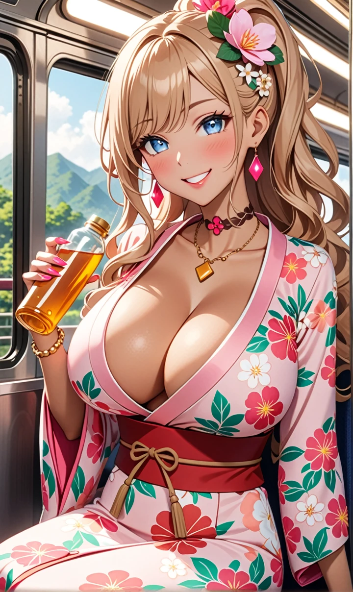 ultra-detailed, ((one girl)), (tan skin:1.5), in pastel colors gyaru, (heavy makeup), (professional lighting) hyper detailed, absurdres, 8k, Beautiful Face, (Laugh shyly), ((teasing smile:1.6)), ((happy smile:1.5)), ((Wink:1.6)), (Laugh with your mouth wide open),((Tilt your face:1.6)), View your viewers, ((Bright red cheeks:1.6)),Glossy shocking pink lips, ((huge breasts:1.6)), ((undressing)), noon, summer, on the train, Anime style background)),masterpiece, Highest quality, (Brighten your face), so beautiful,Latest, Complex details, ((fluorescent pink long nail:1.2)), (ring),(bracelet), (Floral choker),AI-generated, Complex,High resolution, Highest quality, super high quality,3D Images、3D Images,One person, (honey blond long hair), (High Ponytail), (wavy hair:1.4), Anime woman posing for a photo, ((Fine grain、blue eyes、glowing eyes:1.3)), (Squint your eyes:1.1),a hyperRealistic , hyperRealistic , Realistic,Anime woman with long honey blonde hair, Smooth anime CG art, A girl in a gorgeous pastel-colored kimono, ((Pastel-colored furisode)),(Pink large floral pattern), (sideboob), Long flower hair ornament,Big earrings, Mature Body, tall,Narrow waist, portrait, (Sit in your seat), (learning forward:1.1), (Offering a bottle of tea),