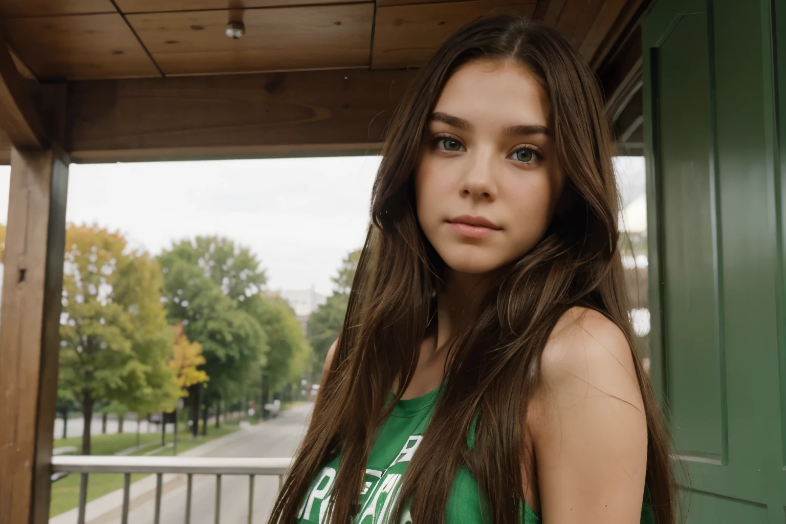 (Madison from Canada, long hair:1.1), green_eyes, medium_hair, brown_hair, teenage