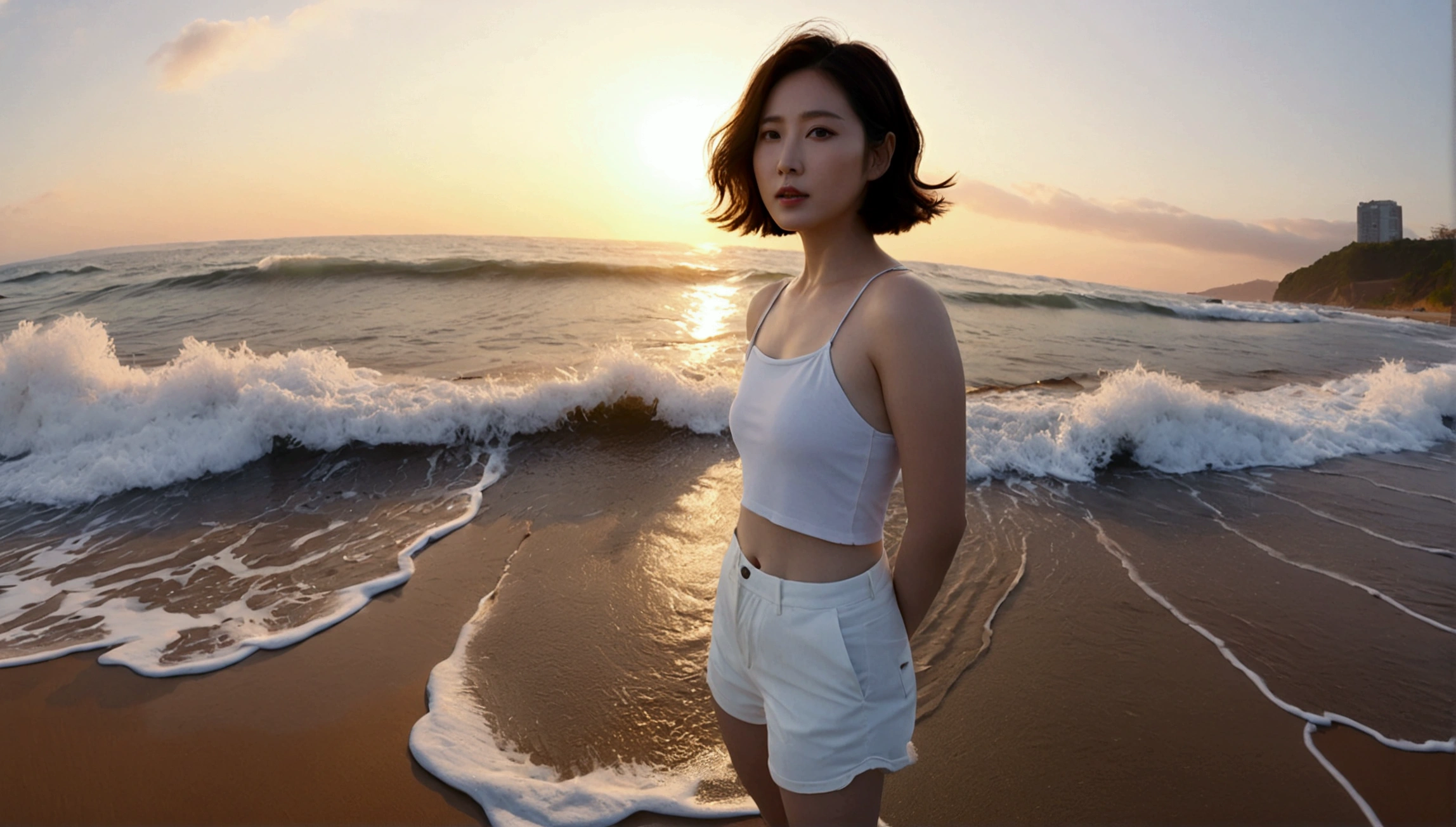 8k, realistic, lifelike photo, Realistic appearance of nature, beach at sunset, pale light, 36 year old Korean woman, short medium hair, Woman standing in endless beach waves. Close-up from afar with a wide-angle lens, tower, White shorts, waves crashing, Clear picture quality
