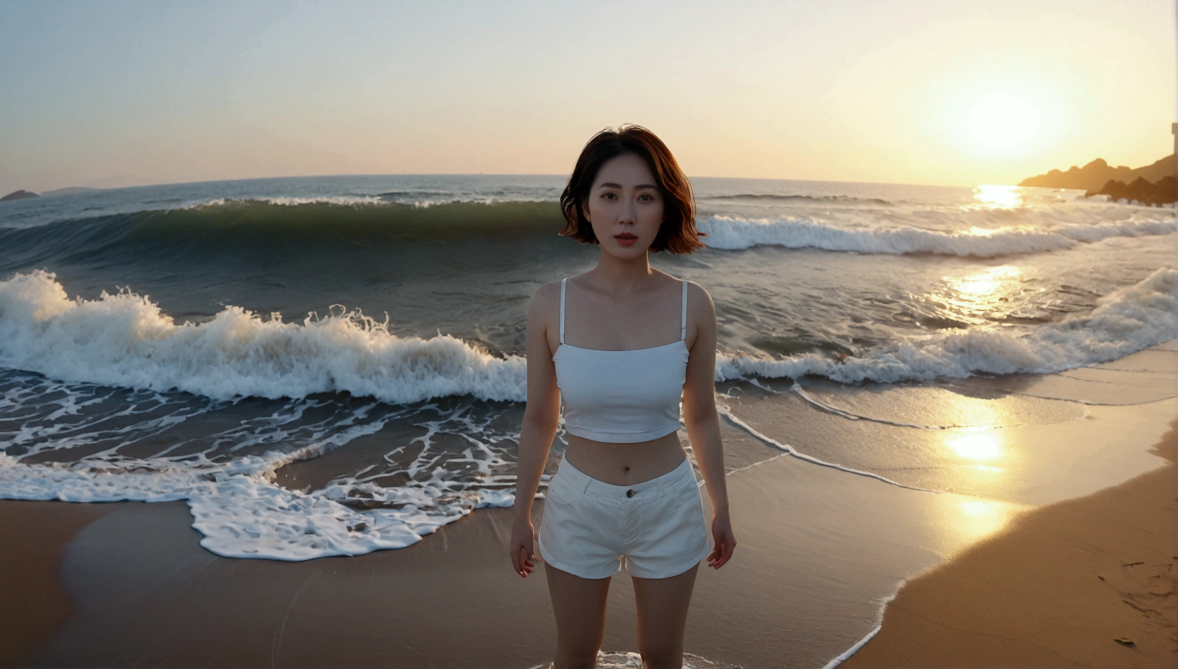 8k, realistic, lifelike photo, Realistic appearance of nature, beach at sunset, pale light, 36 year old Korean woman, short medium hair, Woman standing in endless beach waves. Close-up from afar with a wide-angle lens, tower, White shorts, waves crashing, Clear picture quality