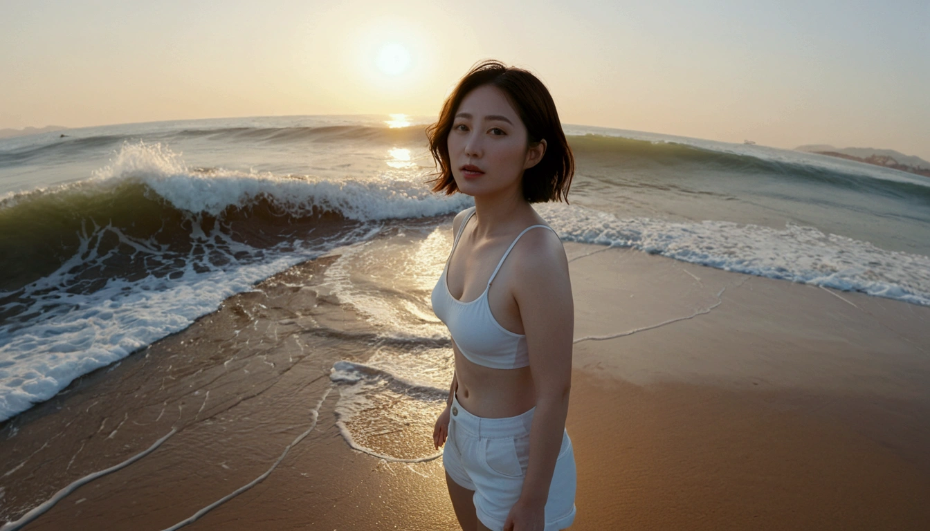 8k, realistic, lifelike photo, Realistic appearance of nature, beach at sunset, pale light, 36 year old Korean woman, short medium hair, Woman standing in endless beach waves. Close-up from afar with a wide-angle lens, tower, White shorts, waves crashing, Clear picture quality