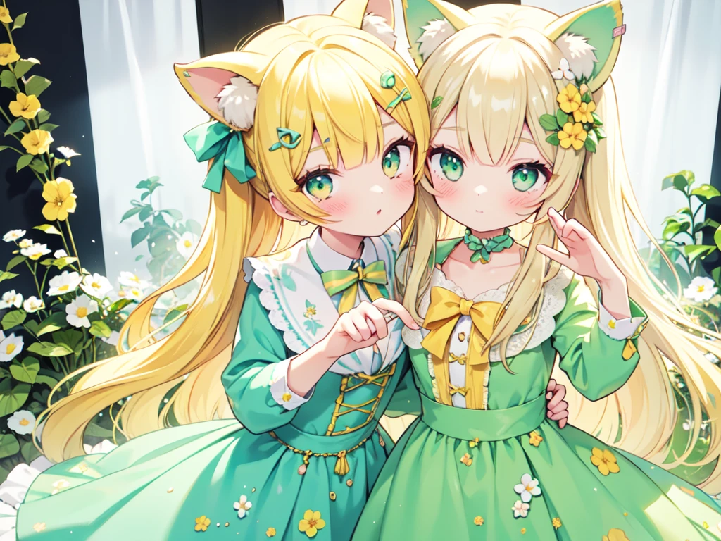 1girl, animal ears, pale blonde hair, ash blonde hair, minty green dress, yellow flowers, mint green flowers, white flowers, blossoms, cute, fun pose, extremely detailed, photorealistic, 8k, high quality, masterpiece, studio lighting, vibrant colors, professional digital art, 1girl, animal ears, pale blonde, ash blonde, minty green, color palette: (yellow, mint, white), flowers, blossoms, cute, extremely detailed, fun pose,lio
