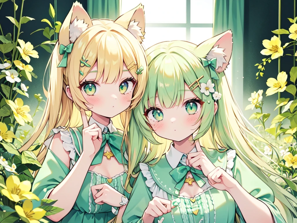 1girl, animal ears, pale blonde hair, ash blonde hair, minty green dress, yellow flowers, mint green flowers, white flowers, blossoms, cute, fun pose, extremely detailed, photorealistic, 8k, high quality, masterpiece, studio lighting, vibrant colors, professional digital art, 1girl, animal ears, pale blonde, ash blonde, minty green, color palette: (yellow, mint, white), flowers, blossoms, cute, extremely detailed, fun pose,lio