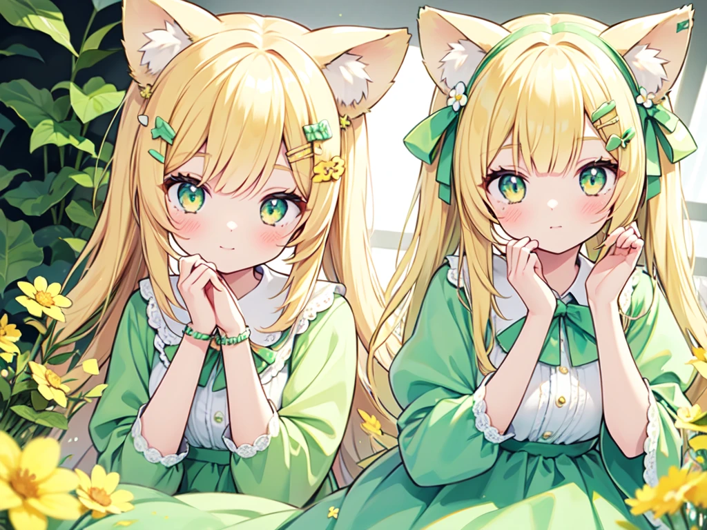 1girl, animal ears, pale blonde hair, ash blonde hair, minty green dress, yellow flowers, mint green flowers, white flowers, blossoms, cute, fun pose, extremely detailed, photorealistic, 8k, high quality, masterpiece, studio lighting, vibrant colors, professional digital art, 1girl, animal ears, pale blonde, ash blonde, minty green, color palette: (yellow, mint, white), flowers, blossoms, cute, extremely detailed, fun pose,lio