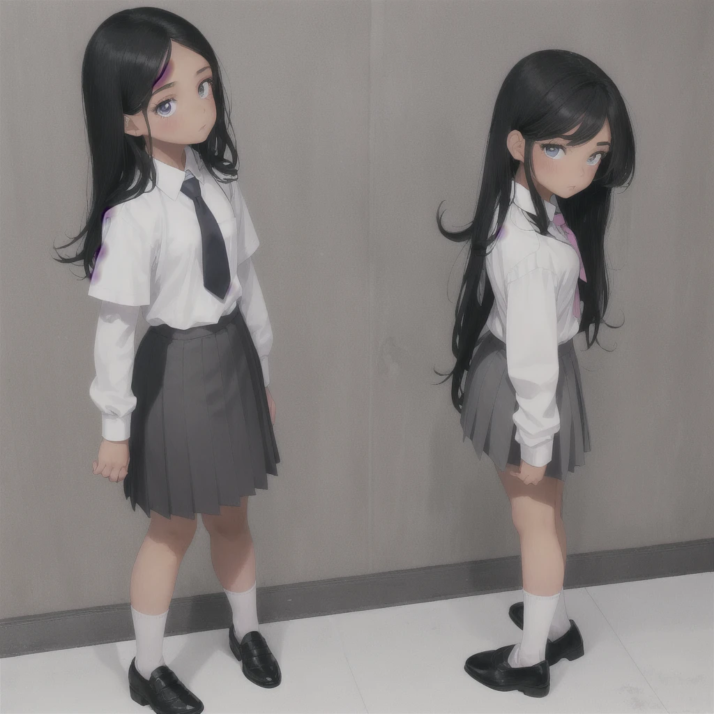 Latina , brown skin, beautiful face, small nose , eyelashes, blue eyes, long straight black hair, white school shirt, pink tie, grey medium length skirt, white socks, black fancy shoe, rear view, back view