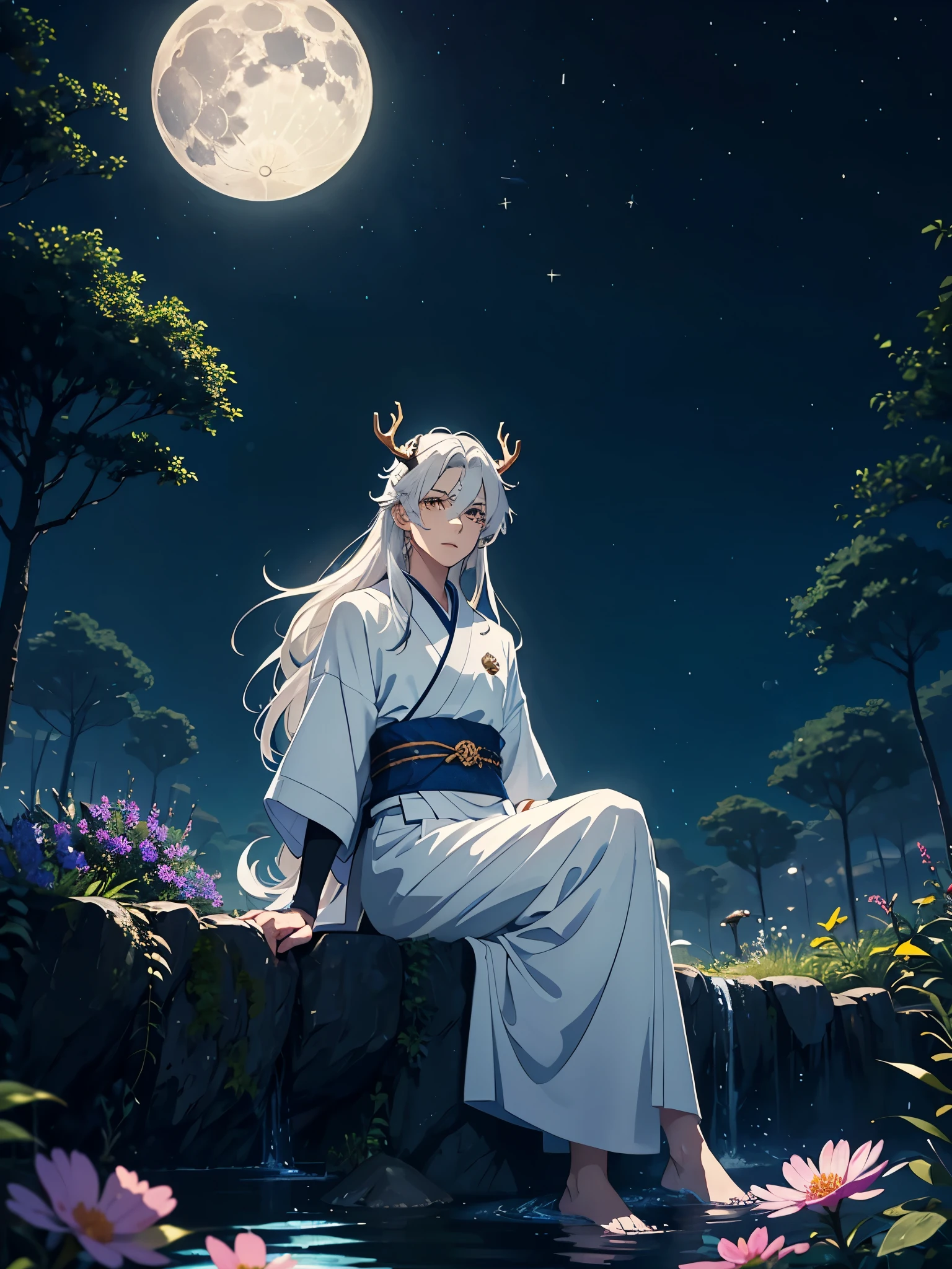 With white snake. Blue Moon. silver jewelry. divine. Antlers on the head. kimono. big wolf. day lights. More anime. light blue light. Bright bright light. magical. Moon. Sitting on a big white wolf. Lightening flowers. More anime. male. Blue flowers. Long hair. long white hair. aquatic, boy, God of the Moon, silver hair accessories, White hair.