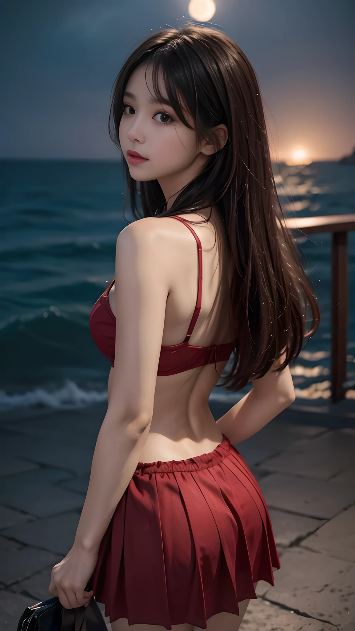 full hd 8k, Girl standing in front of a dark night scene, full moonlight reflecting on her beautiful face. ((from back)), Her long, silky hair was gently blown by the night wind, creating a gentle and romantic feeling. She is walking on a large beach. She looked up at the starry sky, as if searching for something, her eyes showing a pensive and lonely look. The full moon shines in the night sky creating a beautiful scene. The girl has long, strands of hair, a luxurious and noble beauty. The moonlight shines on the girl's delicate face, highlighting her large, round light brown eyes, creating a natural, gentle beauty. She wore a mini red skirt to create a sexy beauty. These images capture detailed panoramic portraits and views of the sky and sea. All create a beautiful, wonderful picture that makes people unable to take their eyes off the scene. All of these details are depicted clearly and sharply,