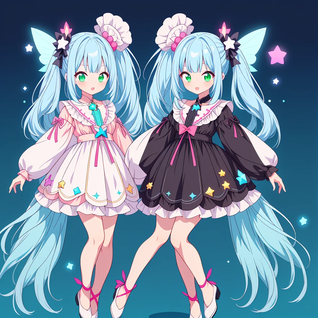 1girl、Star Fairy、Star incarnation、Character design front view、A picture facing the viewer、Cute original black and magenta clothes、(((Super detailed、Highest quality、Masterpiece)))、Original cute hairstyle、Milky white and blue hair color、Simple Green Background、vtuber-fullbody,