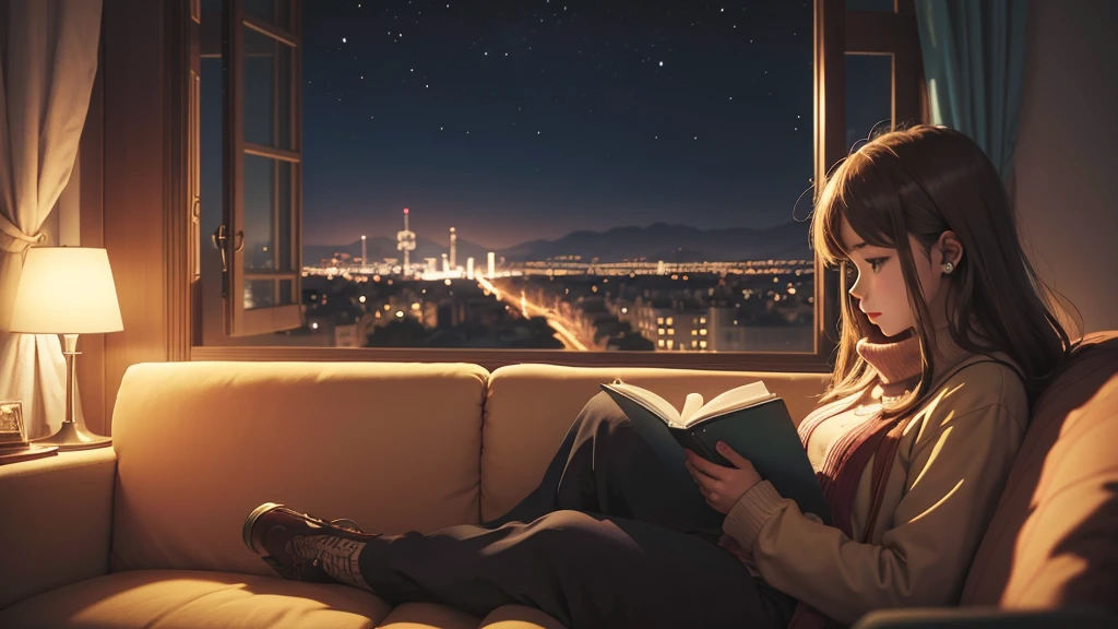 girl sitting on the sofa reading a book,In front of the large window,night view,street scenery、earphones
