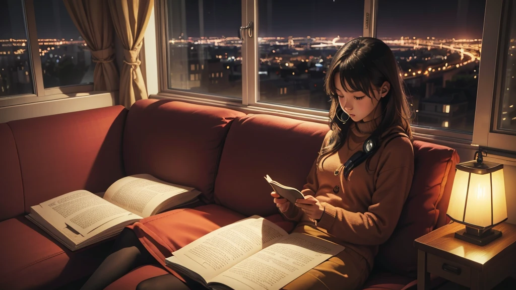 girl sitting on the sofa reading a book,In front of the large window,night view,street scenery、earphones