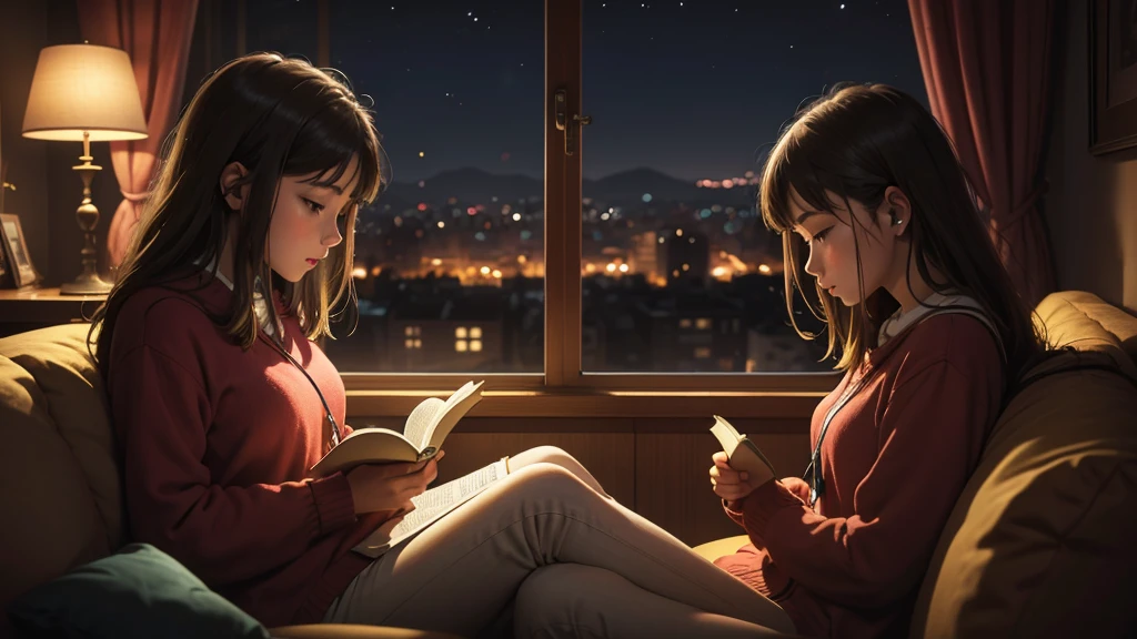 girl sitting on the sofa reading a book,In front of the large window,night view,street scenery、earphones