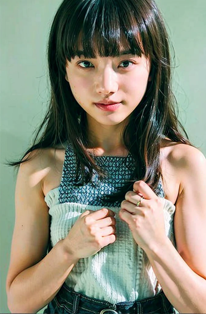 ((masterpiece:1.4、Highest quality))、(Like the picture:1.4)、Professional Lighting、Physically Based Rendering, Dark brown hair、Layered Cut、Highly detailed face、Detailed skin、(Japanese women:1.05)、21、Thin bangs、knit、White Room、White wall、Bright lighting,  topless, Browsing Caution, Nipples