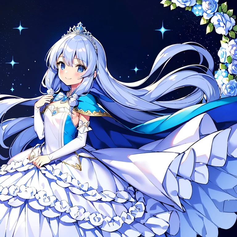 best quality,(long train blue cape:1.15),(long train white ball gown with floral decoration:1.15), a girl is wearing a cape over her dress, anime style, rococo style, little princess, tiara, kind smile, very long hair, small breast, perfect fingers, masterpiece