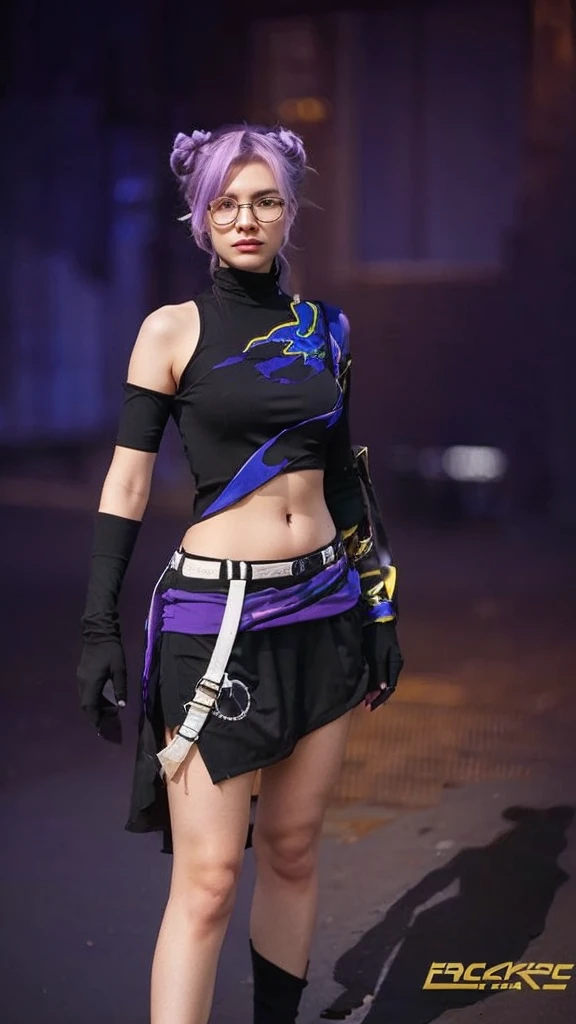 Purple hair, black patterned clothes as shown in the picture 