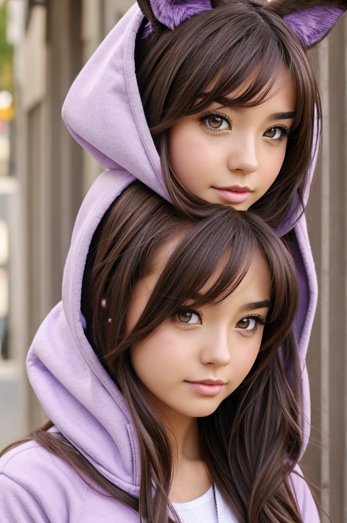 Make one sexy girl in anime style, one who has long brown hair and brown eyes with a lilac color, and who has rabbit ears on her hood.