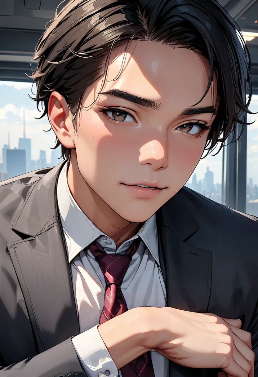 A handsome man with short black hair is wearing a charcoal gray suit. modern, Verism, masterpiece, textured skin, super detail, best quality, 4K