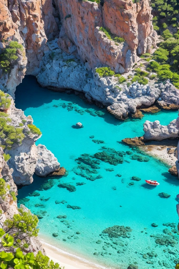 arafed view of a rocky cliff and clear blue water, by Alexis Grimou, turquoise water, by Tom Wänerstrand, view from the sea, island with cave, puddles of turquoise water, blue waters, turquoise ocean, red sea, incredibly beautiful, azure blue water, clear blue water, by Constantine Andreou, white stone arches, cyprus