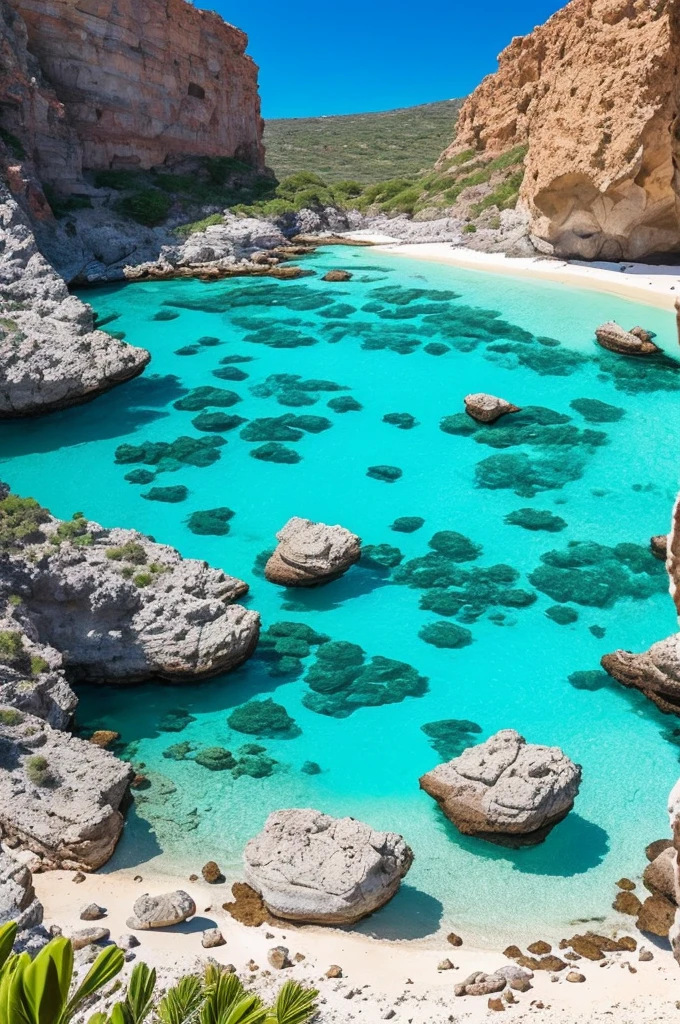 arafed view of a rocky cliff and clear blue water, a picture by Alexis Grimou, unsplash, les nabis, turquoise water, view from the sea, island with cave, puddles of turquoise water, blue waters, turquoise ocean, red sea, incredibly beautiful, azure blue water, clear blue water, white stone arches, cyprus