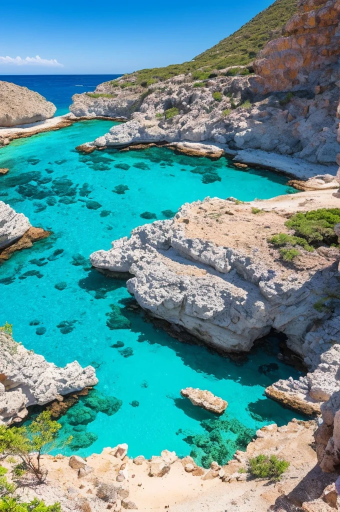 arafed view of a rocky cliff and clear blue water, a picture by Alexis Grimou, unsplash, les nabis, turquoise water, view from the sea, island with cave, puddles of turquoise water, blue waters, turquoise ocean, red sea, incredibly beautiful, azure blue water, clear blue water, white stone arches, cyprus