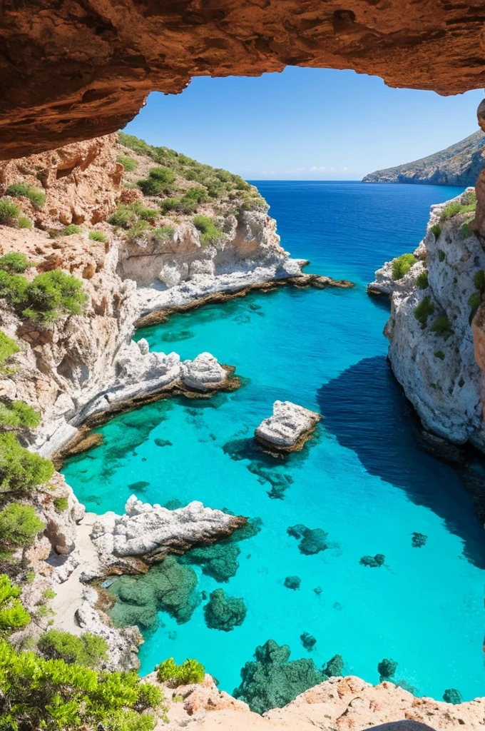 arafed view of a rocky cliff and clear blue water, a picture by Alexis Grimou, unsplash, les nabis, turquoise water, view from the sea, island with cave, puddles of turquoise water, blue waters, turquoise ocean, red sea, incredibly beautiful, azure blue water, clear blue water, white stone arches, cyprus