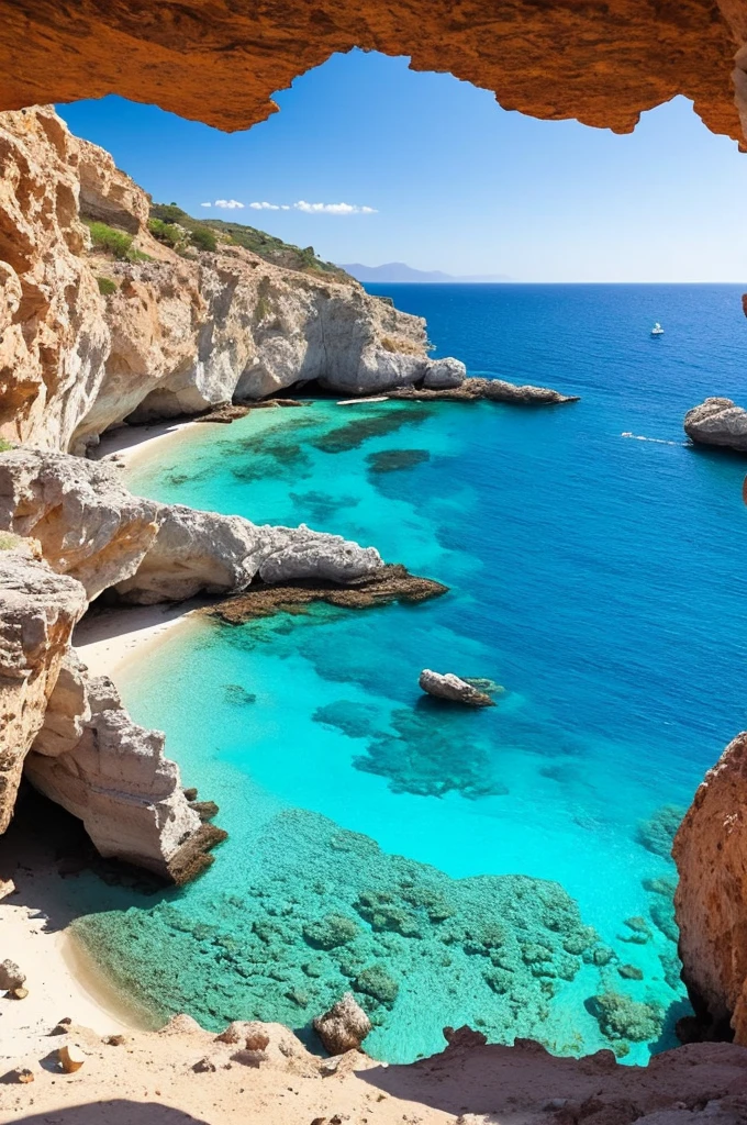 arafed view of a rocky cliff and clear blue water, a picture by Alexis Grimou, unsplash, les nabis, turquoise water, view from the sea, island with cave, puddles of turquoise water, blue waters, turquoise ocean, red sea, incredibly beautiful, azure blue water, clear blue water, white stone arches, cyprus