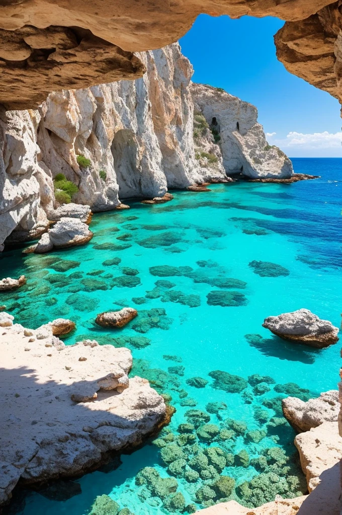 arafed view of a rocky cliff and clear blue water, by Alexis Grimou, turquoise water, by Tom Wänerstrand, view from the sea, island with cave, puddles of turquoise water, blue waters, turquoise ocean, red sea, incredibly beautiful, azure blue water, clear blue water, by Constantine Andreou, white stone arches, cyprus