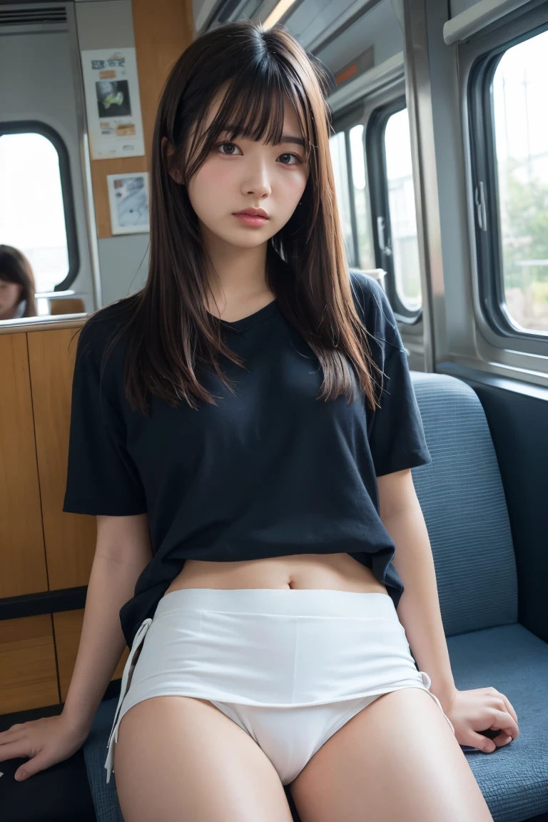 Beautifully detailed illustrations,Great art,(((Very detailed))),
One girl sitting,bangs,High school girls,Sleep,close your eyes,White panties,skirt,
Cowboy Shot,from the front
,(((Very detailed))),in the train, a young woman is Sleep contentedly. Through the gap between her legs and skirt, I can see her panties. As the vehicle rocks, Her calm expression and gentle breathing create a calming atmosphere.
,(((Very detailed)))