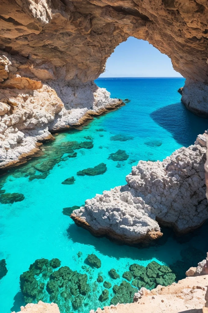 arafed view of a rocky cliff and clear blue water, a picture by Alexis Grimou, unsplash, les nabis, turquoise water, view from the sea, island with cave, puddles of turquoise water, blue waters, turquoise ocean, red sea, incredibly beautiful, azure blue water, clear blue water, white stone arches, cyprus