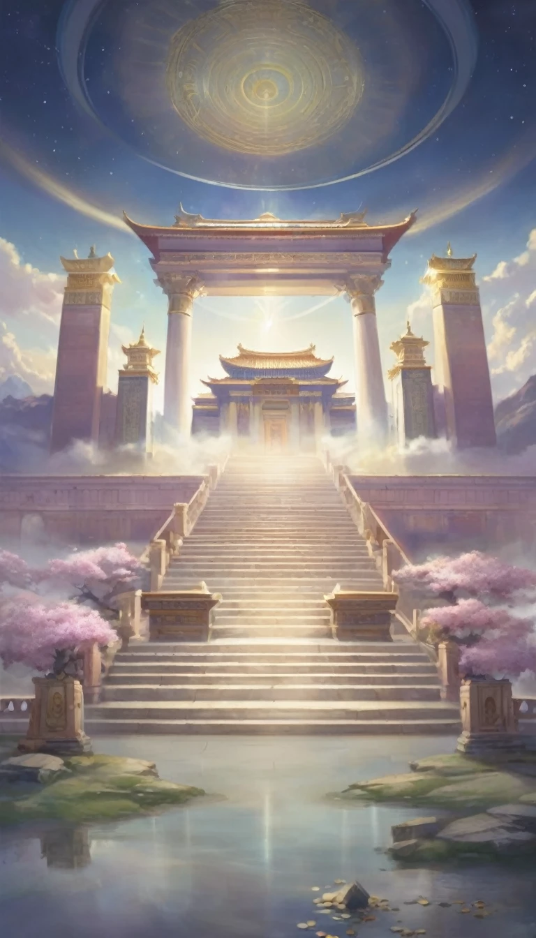 A painting of a building，Background is sky，There are stairs leading to the building, Temple Background, Kingdom of Light Background, Palace Background, Depicting the background of the temple, The throne of Mount Olympus, Entering the Etheric Realm, background technology, A mysterious temple, Arena Background, Heaven&#39;s Gate, Heaven Background, Game Background, mysterious temple setting, background technologywork, The floating palace