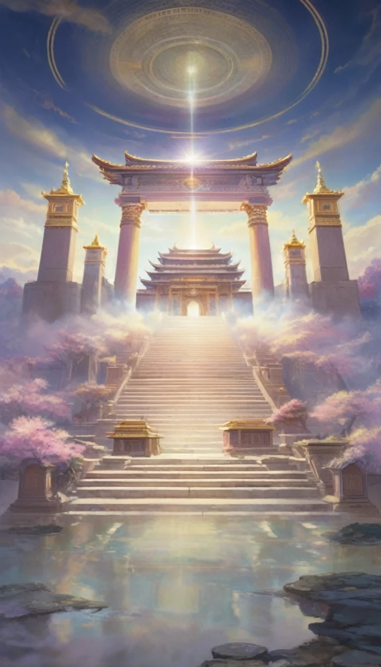 A painting of a building，Background is sky，There are stairs leading to the building, Temple Background, Kingdom of Light Background, Palace Background, Depicting the background of the temple, The throne of Mount Olympus, Entering the Etheric Realm, background technology, A mysterious temple, Arena Background, Heaven&#39;s Gate, Heaven Background, Game Background, mysterious temple setting, background technologywork, The floating palace