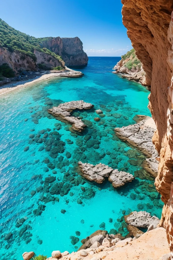 arafed view of a rocky cliff and clear blue water, a picture by Alexis Grimou, unsplash, les nabis, turquoise water, view from the sea, island with cave, puddles of turquoise water, blue waters, turquoise ocean, red sea, incredibly beautiful, azure blue water, clear blue water, white stone arches, cyprus