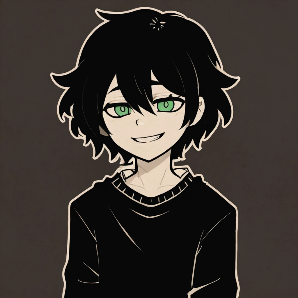 masterpiece, best quality, hires, high resolution, Andrew Graves , TCOAAL, white outline, bold outline, dark background, green eyes, black hair, 1boy, solo, monochrome:0.1, (black sweater:0.5), brown paper, smile, long sleeves,, 