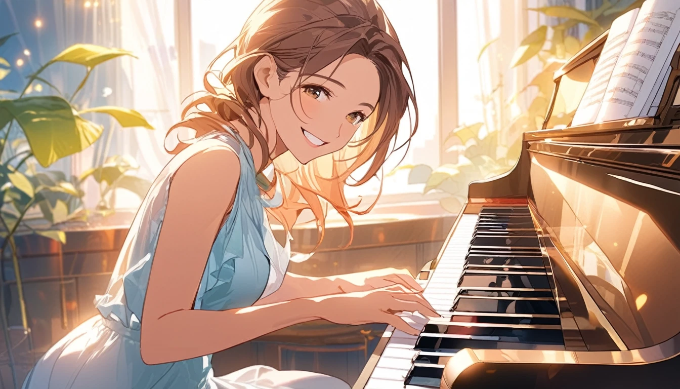 Woman playing piano. She is smiling happily. I&#39;m in the relaxing space of a cafe.. The view from the window is at night. The stars and the moon are shining.masterpiece, Highest quality
