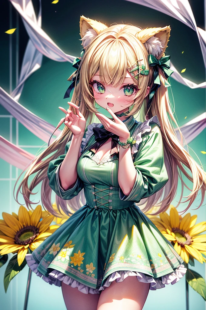 Masterpiece, best quality, high quality, ultra detailed, aura, perfect body shape, masterpieces, light make up, 1girl, animal ears, pale blonde hair, ash blonde hair, minty green dress, yellow flowers, mint green flowers, white flowers, blossoms, cute, fun pose, extremely detailed, photorealistic, 8k, high quality, masterpiece, studio lighting, vibrant colors, professional digital art, 1girl, animal ears, pale blonde, ash blonde, minty green, color palette: (yellow, mint, white), flowers, blossoms, cute, extremely detailed, fun pose,lio