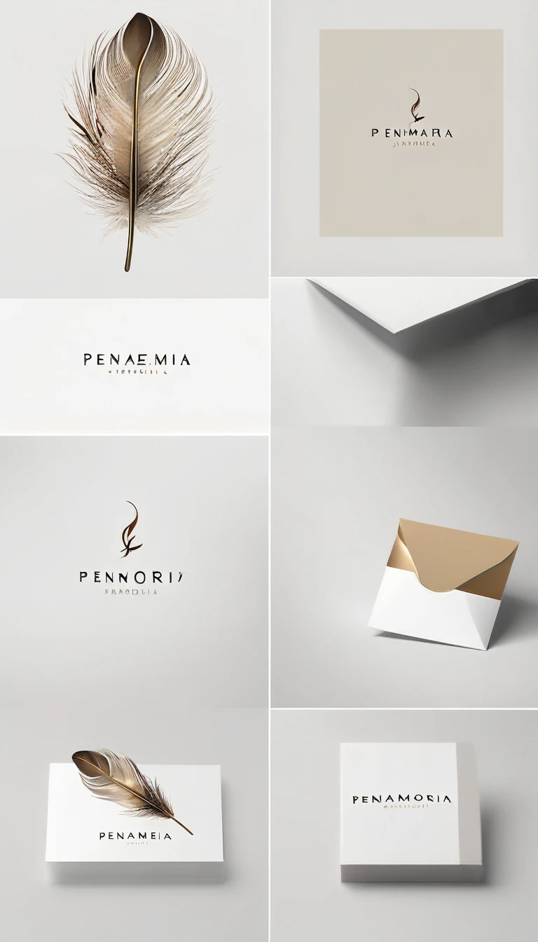 A minimal, modern, simple, cinematic logo design for the brand “Penamemoria". Create a modern, minimalistic, high-quality, logo of a dreamy. fantastic, poetic, masterpiece feather of Memories