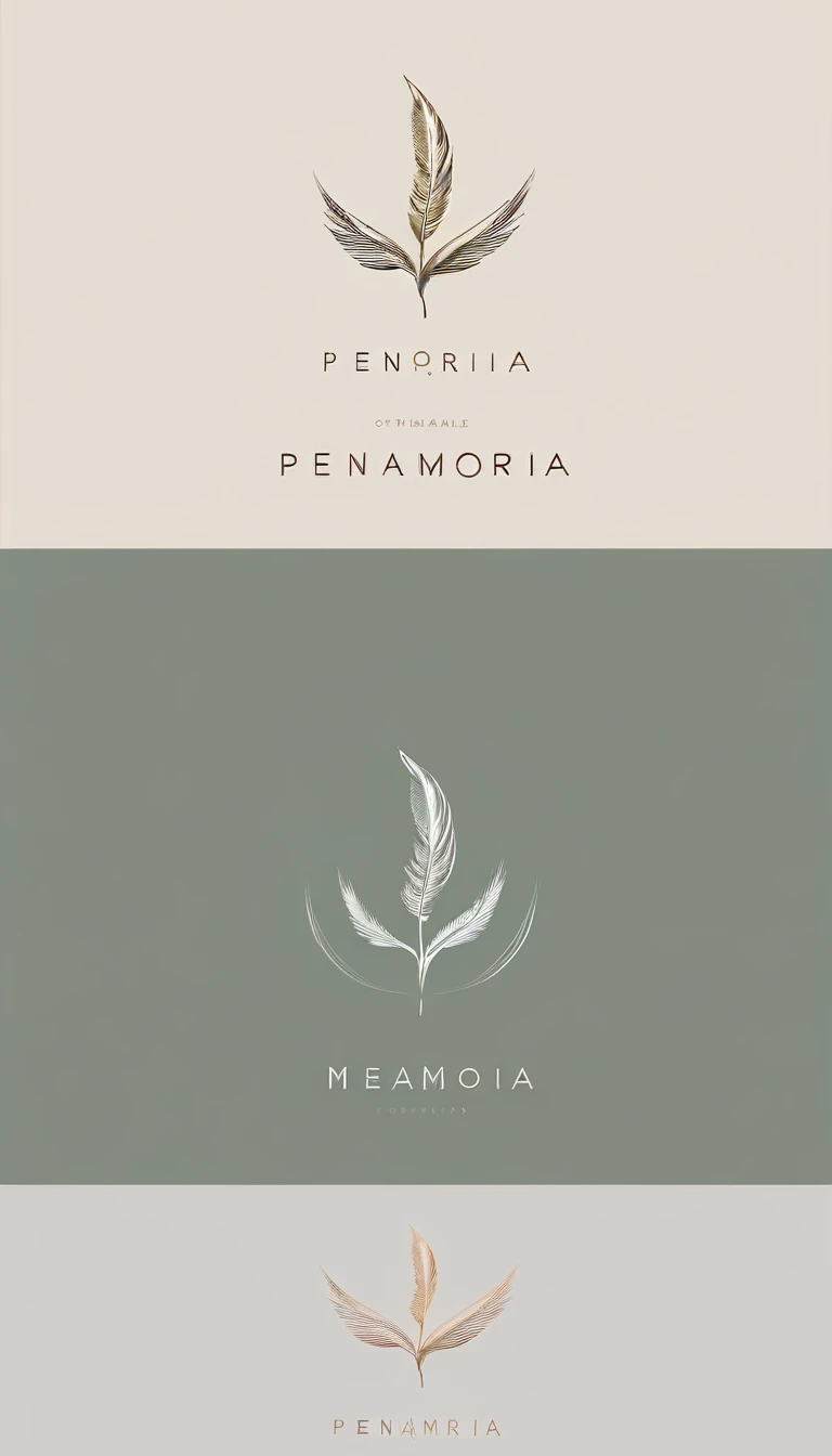 A minimal, modern, simple, cinematic logo design for the brand “Penamemoria". Create a modern, minimalistic, high-quality, logo of a dreamy. fantastic, poetic, masterpiece feather of Memories