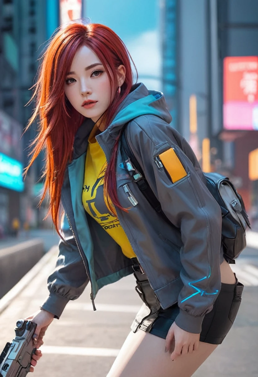 a woman with long red hair and a colorful shirt posing, wearing cyberpunk jacket 2 0 7 7, artwork in the style of guweiz, cyberpunk anime girl, Brigitte de Overwatch, lovely Brigitte de Overwatch, 3d realistic anime style., cosplay chica anime, cyberpunk anime digital art, realistic anime art style, female cyberpunk anime girl, realistic anime art style