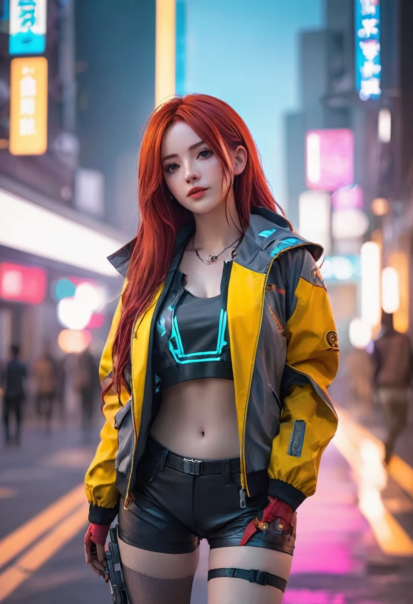 a woman with long red hair and a colorful shirt posing, wearing cyberpunk jacket 2 0 7 7, artwork in the style of guweiz, cyberpunk anime girl, Brigitte de Overwatch, lovely Brigitte de Overwatch, 3d realistic anime style., cosplay chica anime, cyberpunk anime digital art, realistic anime art style, female cyberpunk anime girl, realistic anime art style