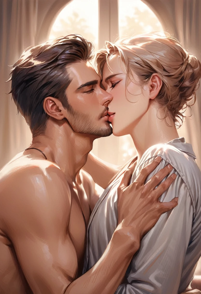 Two handsome men, passionately kissing, intimate and loving moment, detailed faces, natural pose, emotional and tender expression, well-defined features, realistic anatomy, background blurred to focus on the couple.