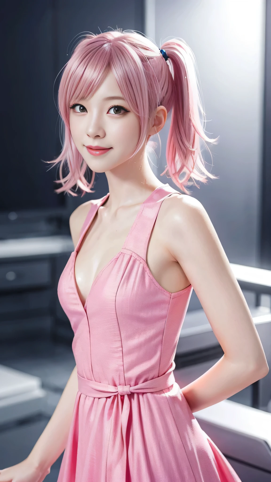 A woman with pink hair and a pink dress, Anime realism style, Unreal 5. RPG Portrait, cgsociety portrait, Realistic art style, Smooth anime CG art, Photorealistic Anime Girl Rendering, Realistic anime 3D style, Loss Draw 1. 0, Realistic 3D animation, ArtJam ; 3d unreal engine, Realistic anime art style,The background is space,The best smile、Twin tails