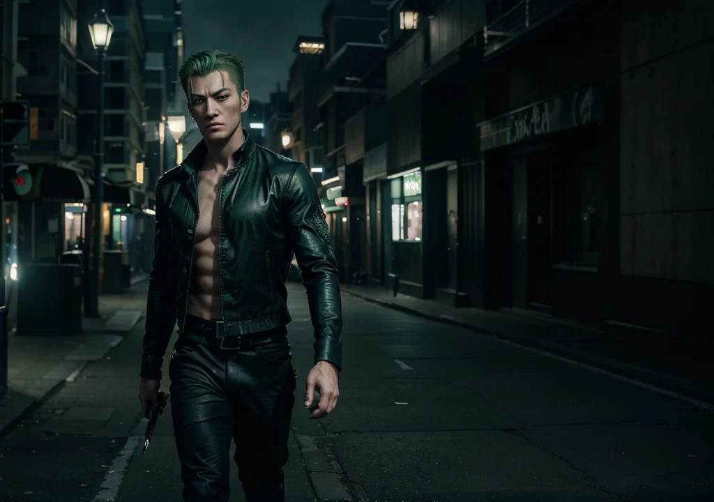 Handsome 1boy, Roronoa Zoro, angry look, (one eye closed), scar on the eye, green hair. solo, full body, ((((masterpiece))), ((best quality)), (extremely detailed), dark intense shadows, lighting, HDR, good composition, dynamic pose, black eyes, modern fashionable dark clothes, blurred background, night city street