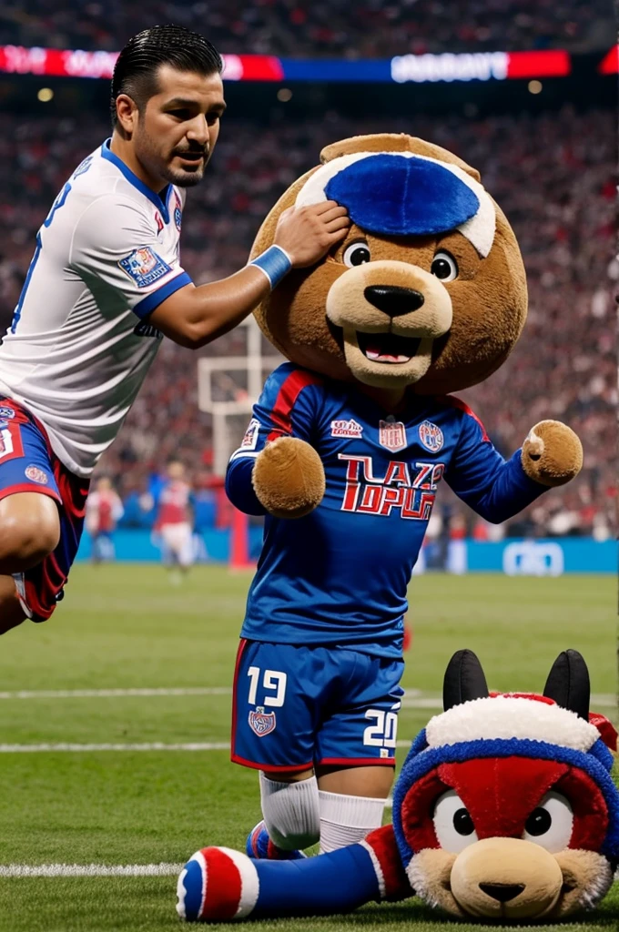 Cruz Azul mascot trampling the Chivas mascot