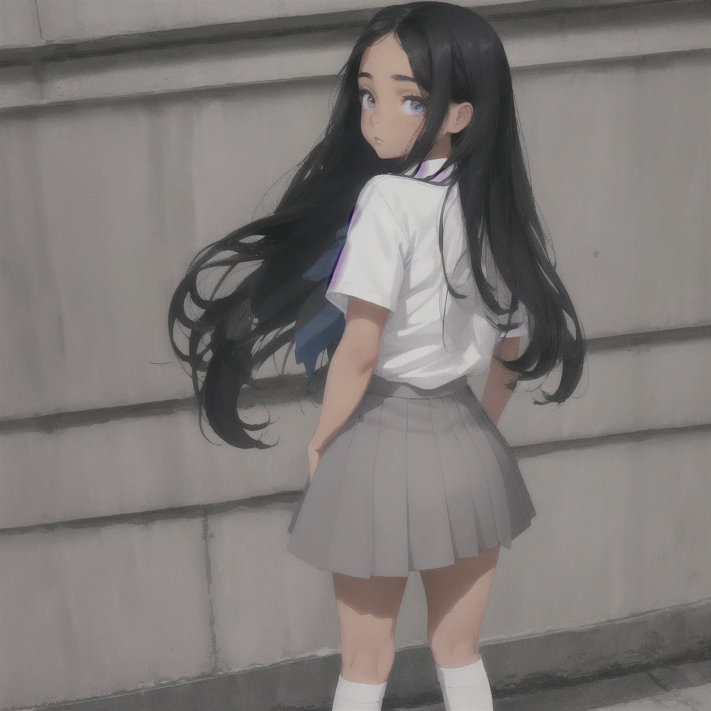Latina , brown skin, beautiful face, small nose , eyelashes, blue eyes, long straight black hair, white school shirt, pink tie, grey medium length skirt, white socks, black fancy shoe, rear view, back view