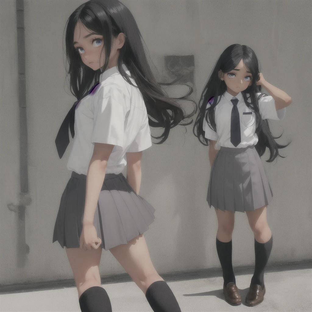 Latina , brown skin, beautiful face, small nose , eyelashes, blue eyes, long straight black hair, white school shirt, pink tie, grey medium length skirt, white socks, black fancy shoe, rear view, back view