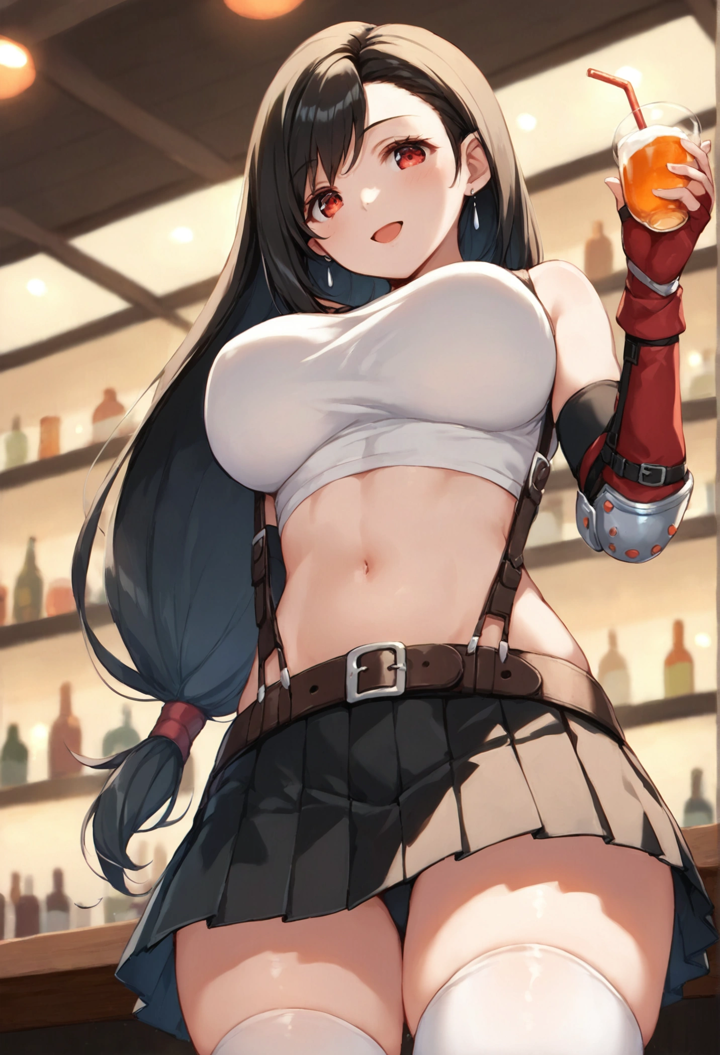 (score_9, score_8_up, score_7_up),  (best quality, masterpiece),perfect anatomy,(aesthetic,very aesthetic),official style,(intricate.hyper-detailed),overall detail, (ultra-high resolution), 1girl, tifa lockhart, final fantasy,(beautiful woman).tareme, black hair, low-tied long hair, red eyes, bangs, white tank top,gap, belt, pleated skirt, thighhighs, elbow fingerless gloves, elbow pads, midriff, navel,suspender skirt.zettai ryouiki ,below view,(large_breasts:1.2),Solo,mediumshot,looking_at_viewer,contrapposto, vibrant, joyful,cafe and bar, ,Framin,