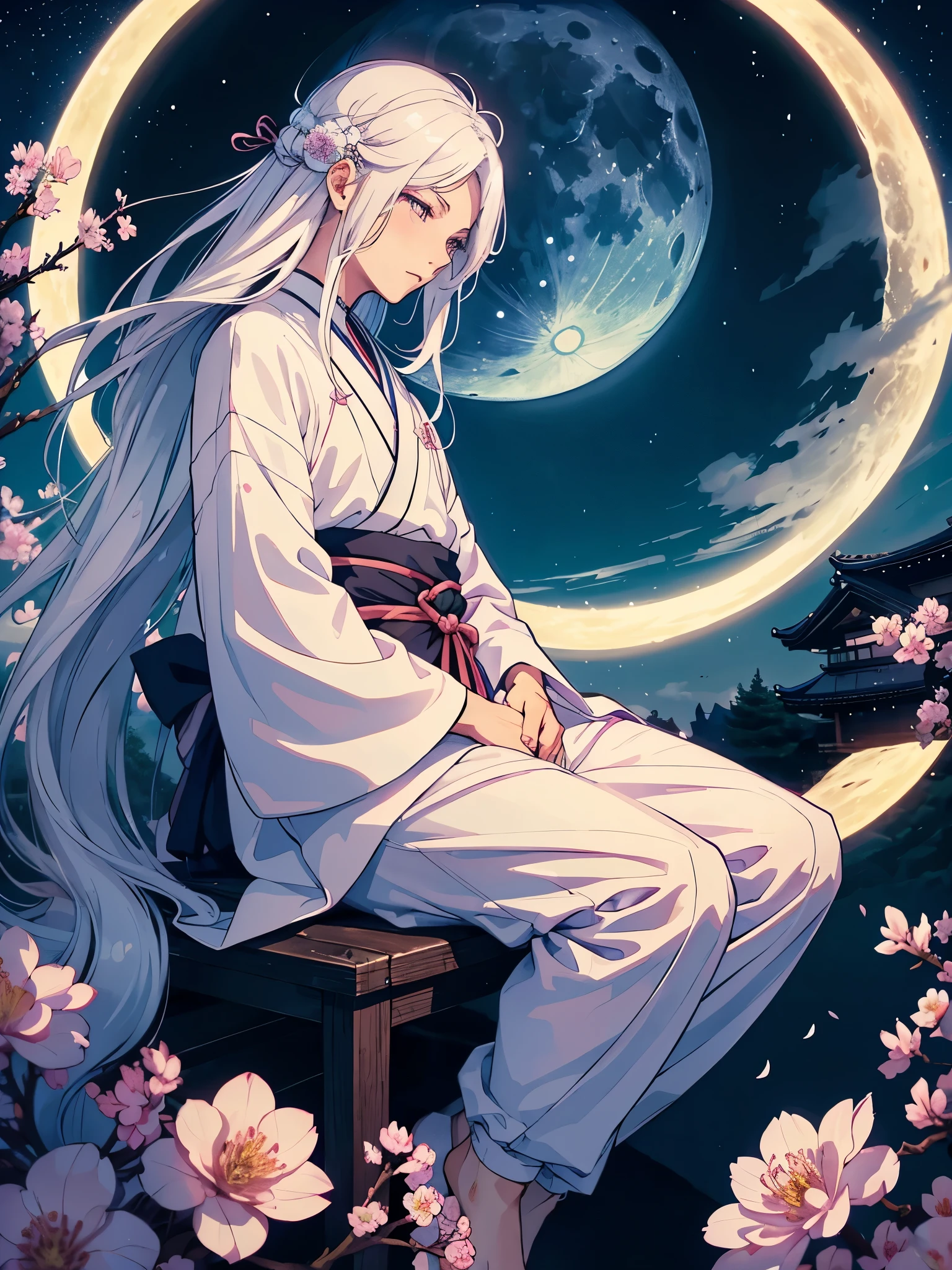 Männlich. Blaues Licht. Mann. Männlich. Boy. Tsukiyomi. japanese clothes. God of the Moon. long white hair. traditional clothing. divine. full moon. Pink flowers. at night.