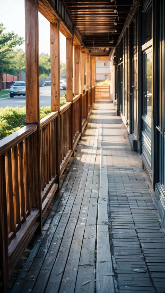 Wooden school building corridor、Lying Girl、Summer、初Summer暖かい光が差し込む
