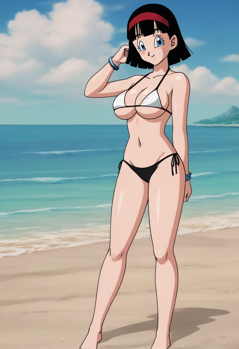 source_anime, score_9, score_8_up, score_7_up, anime screencap,8k, absurd res,
videl, dragon ball super, bob cut, 1girl, solo, breasts, short hair, blue eyes, large breasts, black hair, full body, 
 (extremely detailed CG unity 4k wallpaper),(masterpiece),(best quality),(ultra-detailed),(best illustration),(best shadow),(absurdres),(detailed background), looking_at_viewer, blushed smile, large_breasts, cleavage, bare_shoulders, standing, collarbone, long_legs, black underwear, from_below, breasts, large breasts, big breasts, huge breasts, big tits, giant breasts, small bikini, bikini, bare shoulders, bare arms, beach, ocean, underboob
