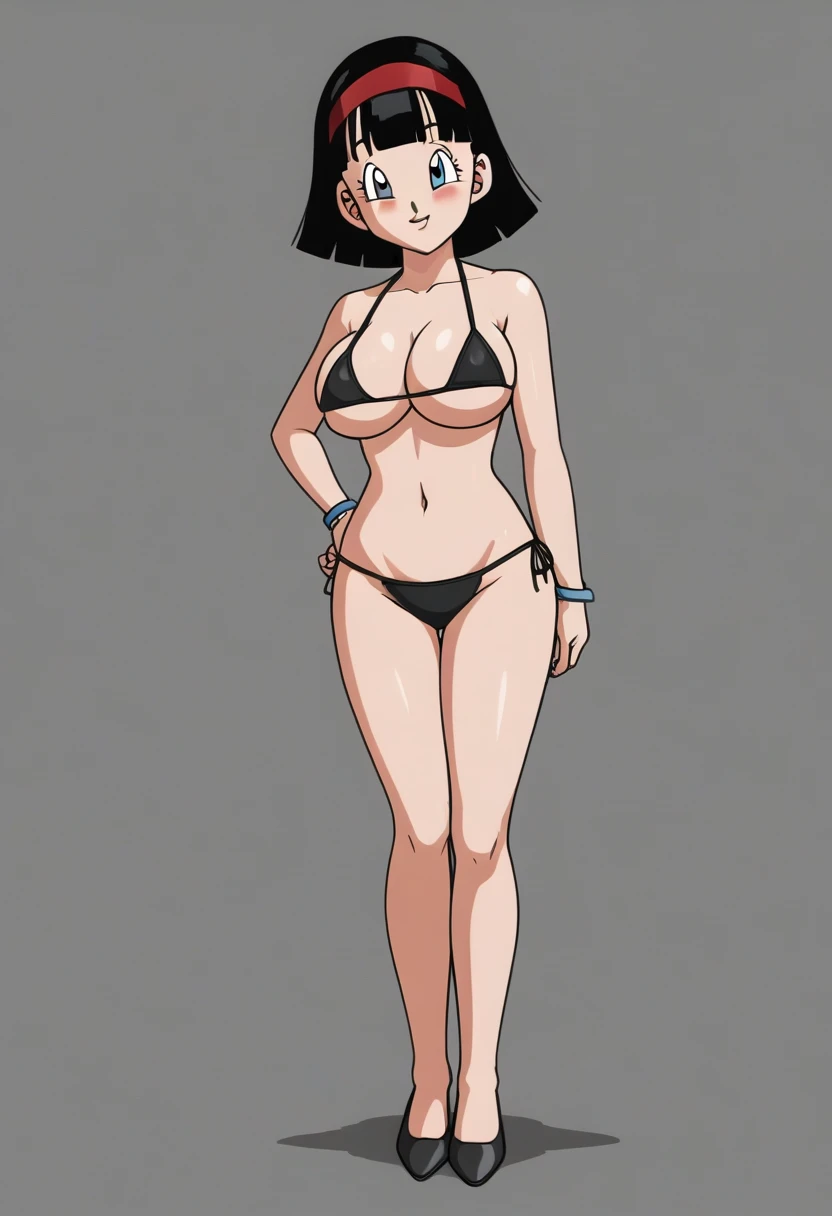 source_anime, score_9, score_8_up, score_7_up, anime screencap,8k, absurd res,
videl, dragon ball super, bob cut, 1girl, solo, breasts, short hair, blue eyes, large breasts, black hair, full body,
(extremely detailed CG unity 4k wallpaper),(masterpiece),(best quality),(ultra-detailed),(best illustration),(best shadow),(absurdres),(detailed background), looking_at_viewer, blushed smile, large_breasts, cleavage, bare_shoulders, standing, collarbone, long_legs, black underwear, from_below, breasts, large breasts, big breasts, huge breasts, big tits, giant breasts, small bikini, bikini, bare shoulders, bare arms, beach, ocean, underboob