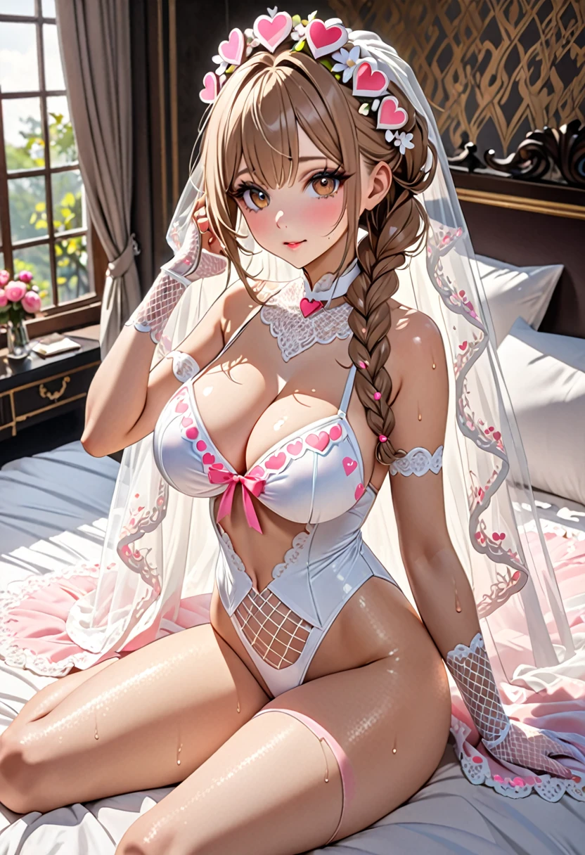 (((Highest quality, Ultra-high resolution、The most complex and detailed depiction)))、((masterpiece:1.3)), (8k, RAW Photos, Best image quality: 1.4), Very detailedな顔、Attention to detail、(Beautiful woman:1.4),(Realistic:1.4) (8k, RAW Photos), (photo-Realistic:1.3), Very detailed, Beautiful attention to detail, (girl:1.3)、(((Bride in prom dress)))、Dark eyeliner、Eyelash length、False eyelashes、double eyelid、Brown eyes、Light fluorescent lip gloss, ((hostess:1.2)),(((pink heart print bikini、Red and white big heart pattern),(Pink tea bags)、(White wreath on head、Wedding Veil、Maria Bale))、Pink heart choker around the neck),(((open wedding dress)))、(((White Mesh Opera Gloves))),(Huge breasts:1.6),(Cleavage:1.2)、(((Light brown hair、Braided hair、((Gather your hair at the back of your head,Put your hair up)))))、Gal-style makeup、Dark eyeliner、Black eyeliner、Heavy eye makeup、Eyelash length、False eyelashes、Eyelash length、Big eyes、Big black eyes、Big eyes、elongated nose、Heavy makeup、Face with gills、Spread your legs and face forward.、(((whole body)))、Spread your legs座る、Spread your legs、sexy、Glamorous Body、(Saggy breasts、Large saggy breasts)、((Sweat、Your body is wet))、(((Lie face up on the bed)),(Breastfeeding with your arms、Cover your crotch with your hands)